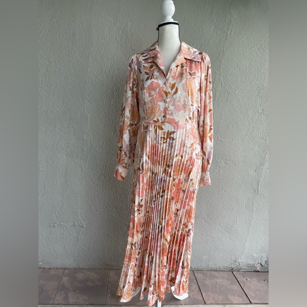 en saison clover orange floral pleated long sleeve midi summer dress medium